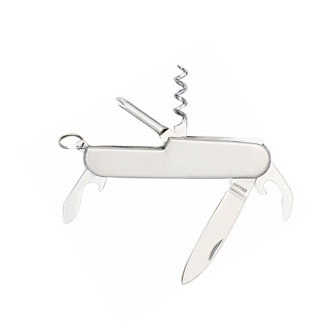 Una navaja multiherramienta de acero inoxidable con varias herramientas desplegadas, incluyendo una hoja, un sacacorchos y un abridor de botellas.