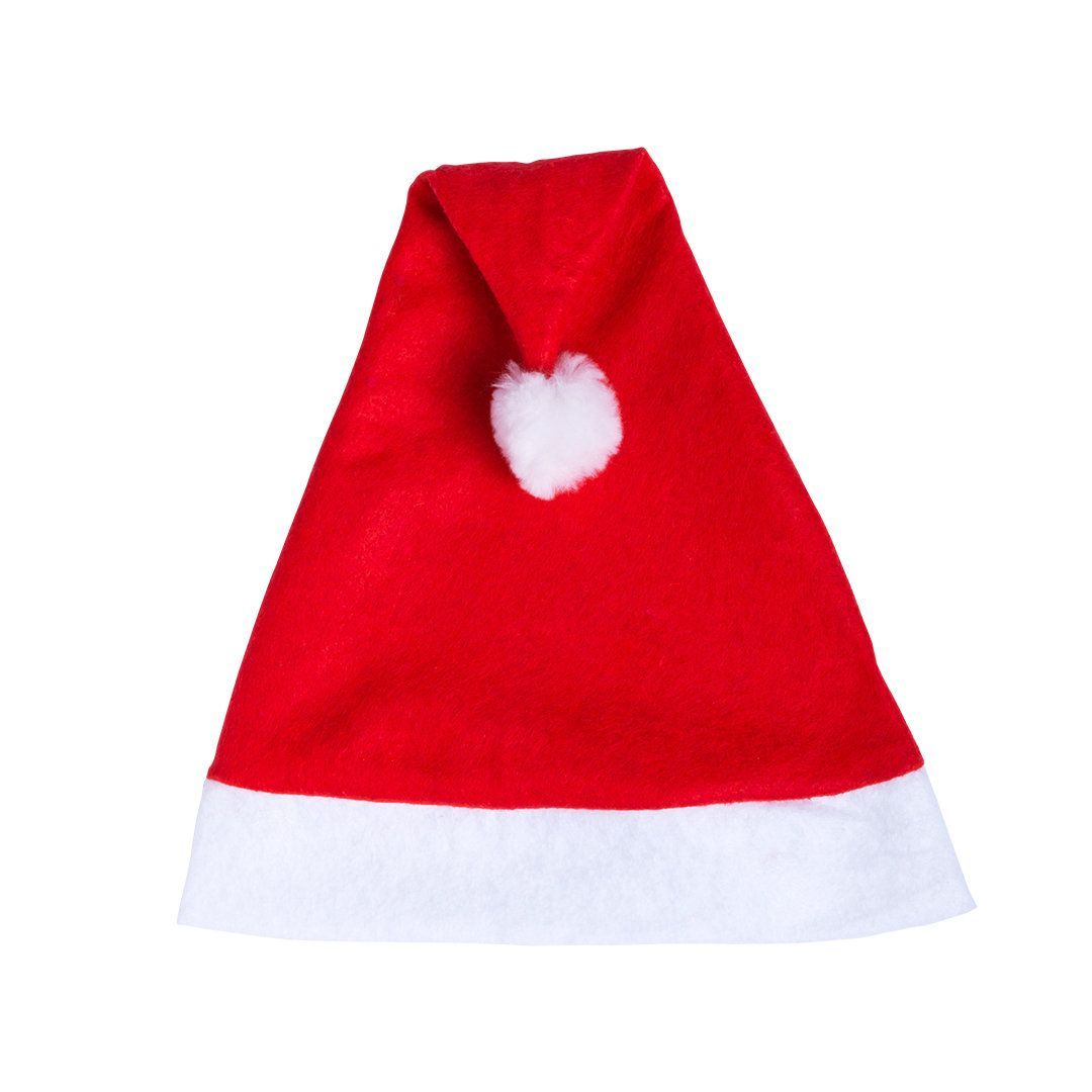 Un gorro de Papá Noel rojo con ala blanca y pompón blanco en la punta, aislado sobre un fondo blanco.