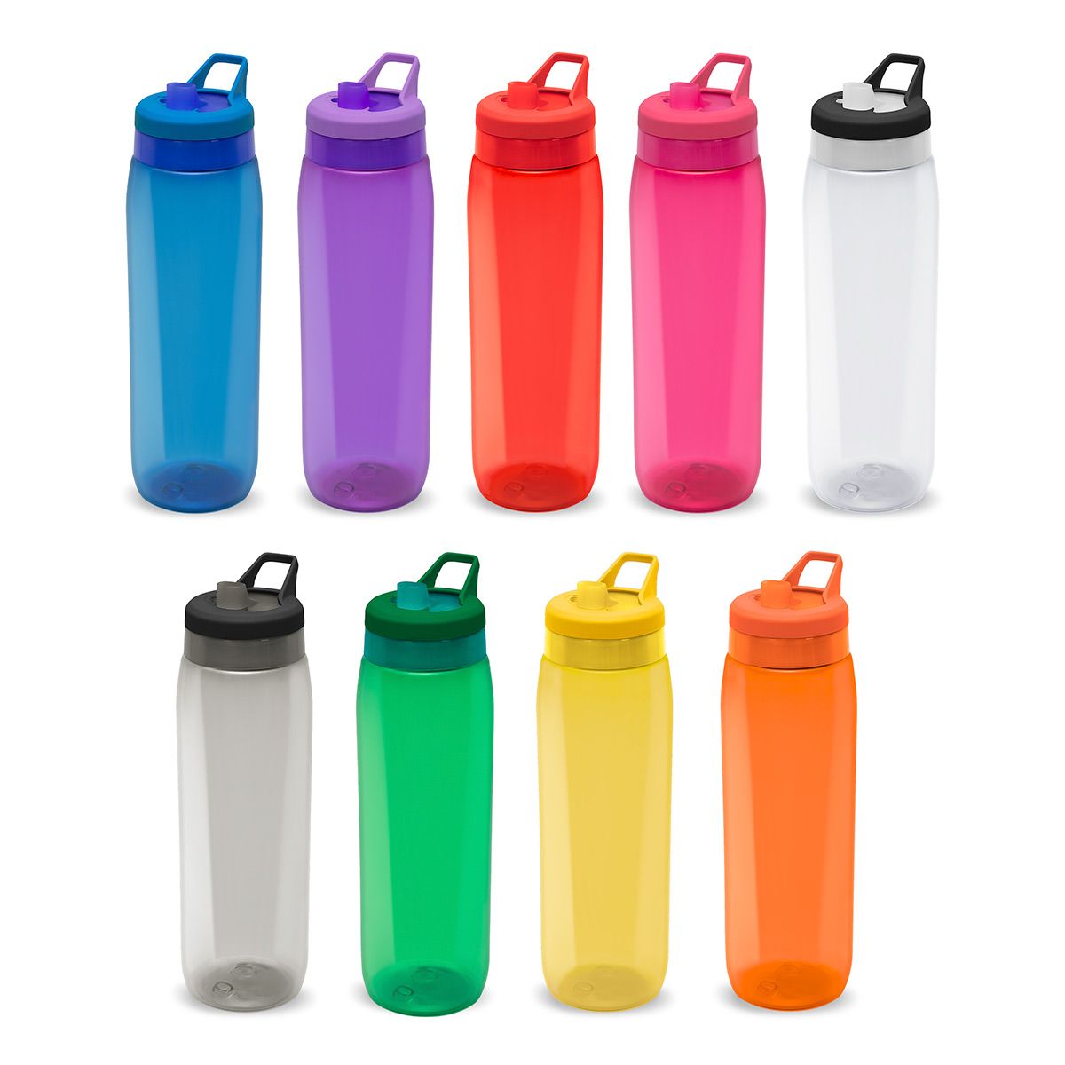 Nueve botellas de agua de plástico reutilizables de colores surtidos, dispuestas en dos filas sobre un fondo blanco.