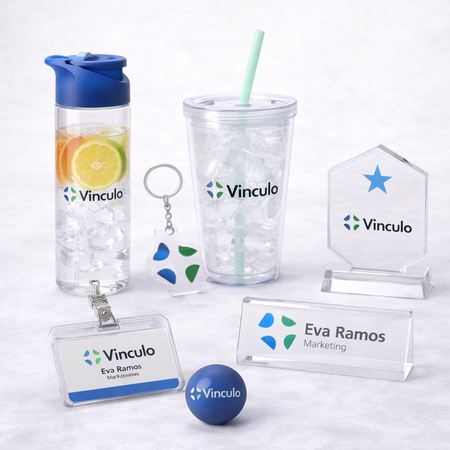 Conjunto de artículos promocionales corporativos con el logotipo "Vinculo": una botella de agua, un vaso, un llavero, una placa de identificación, una insignia y una pelota.