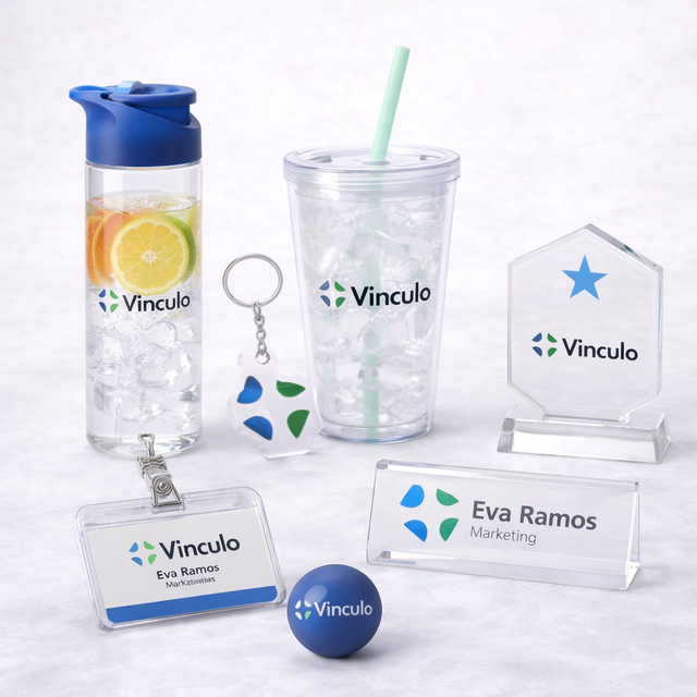 Conjunto de artículos promocionales corporativos con el logotipo "Vinculo": una botella de agua, un vaso, un llavero, una placa de identificación, una insignia y una pelota.