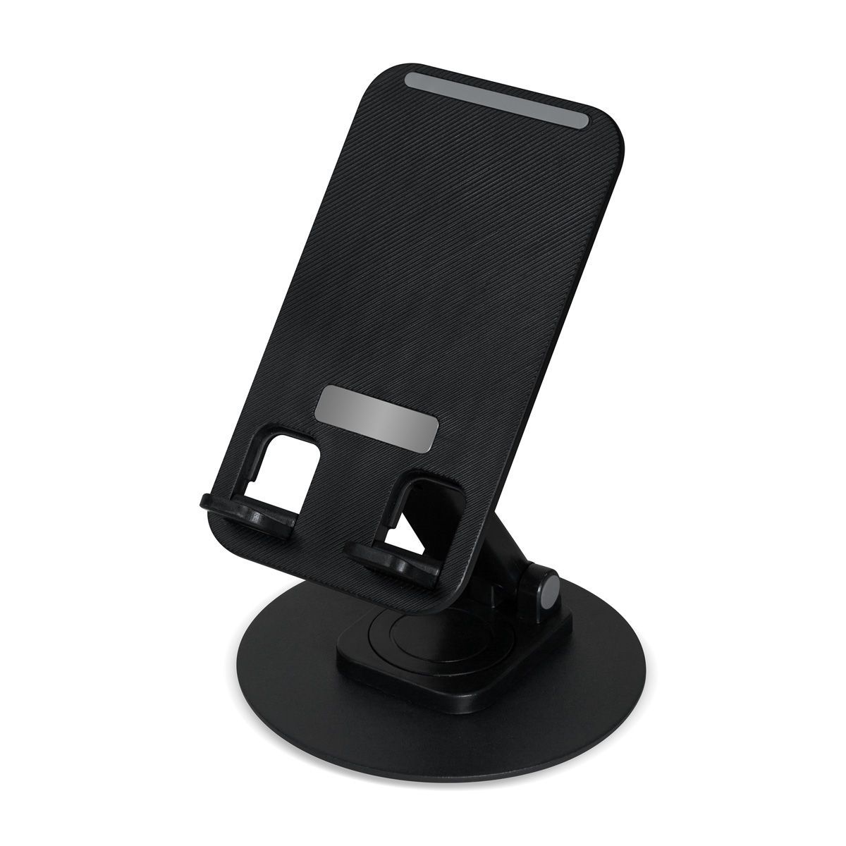 Un soporte de escritorio negro y ajustable para smartphone con base circular, parte trasera con textura de fibra de carbono y dos ganchos de soporte frontales.