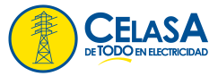 Logotipo de CELASA que presenta un círculo amarillo con el icono de una torre eléctrica junto al texto azul 