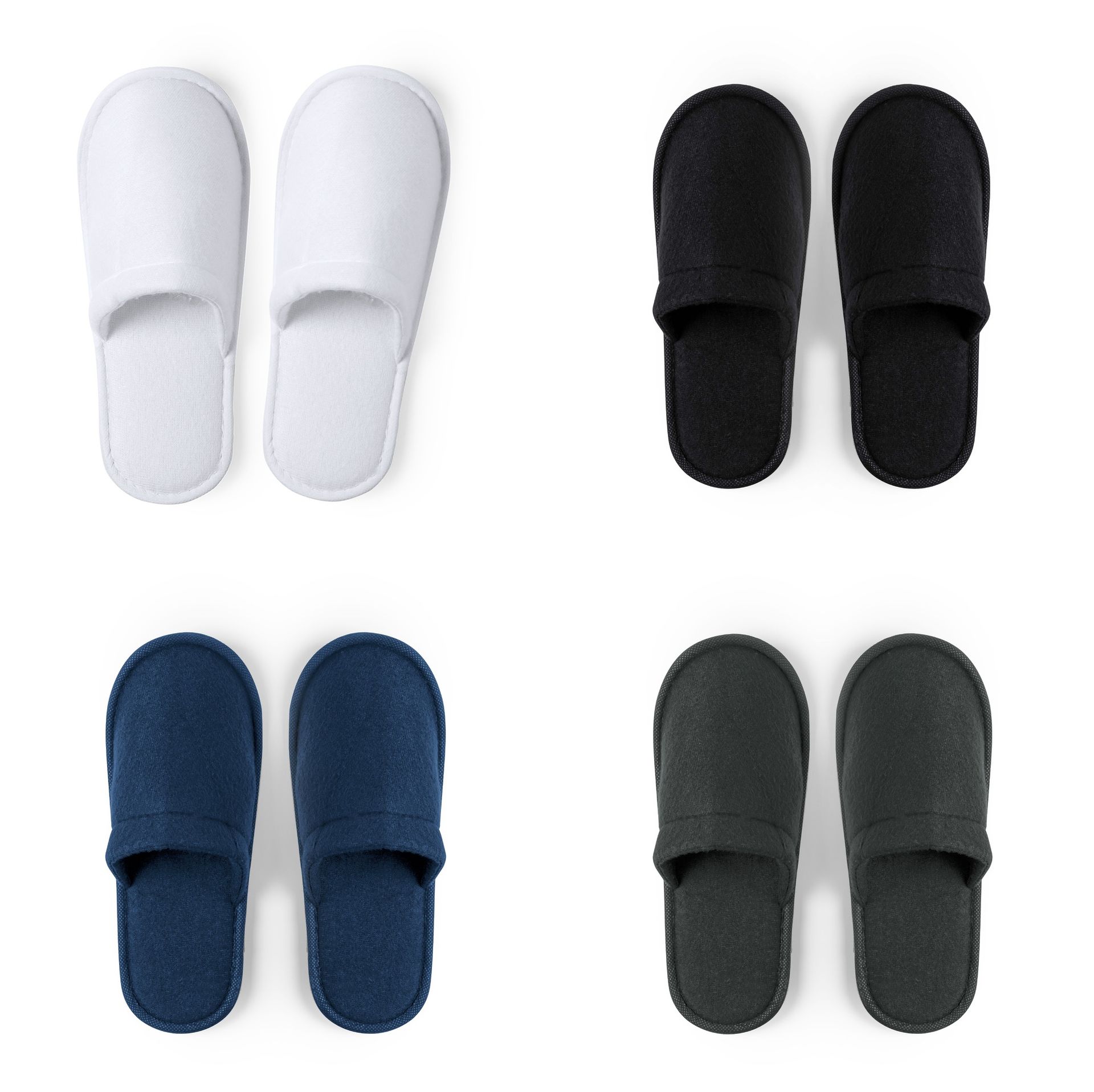 Cuatro pares de zapatillas cerradas dispuestas en cuadrícula, con opciones de tela en blanco, negro, azul y gris carbón.