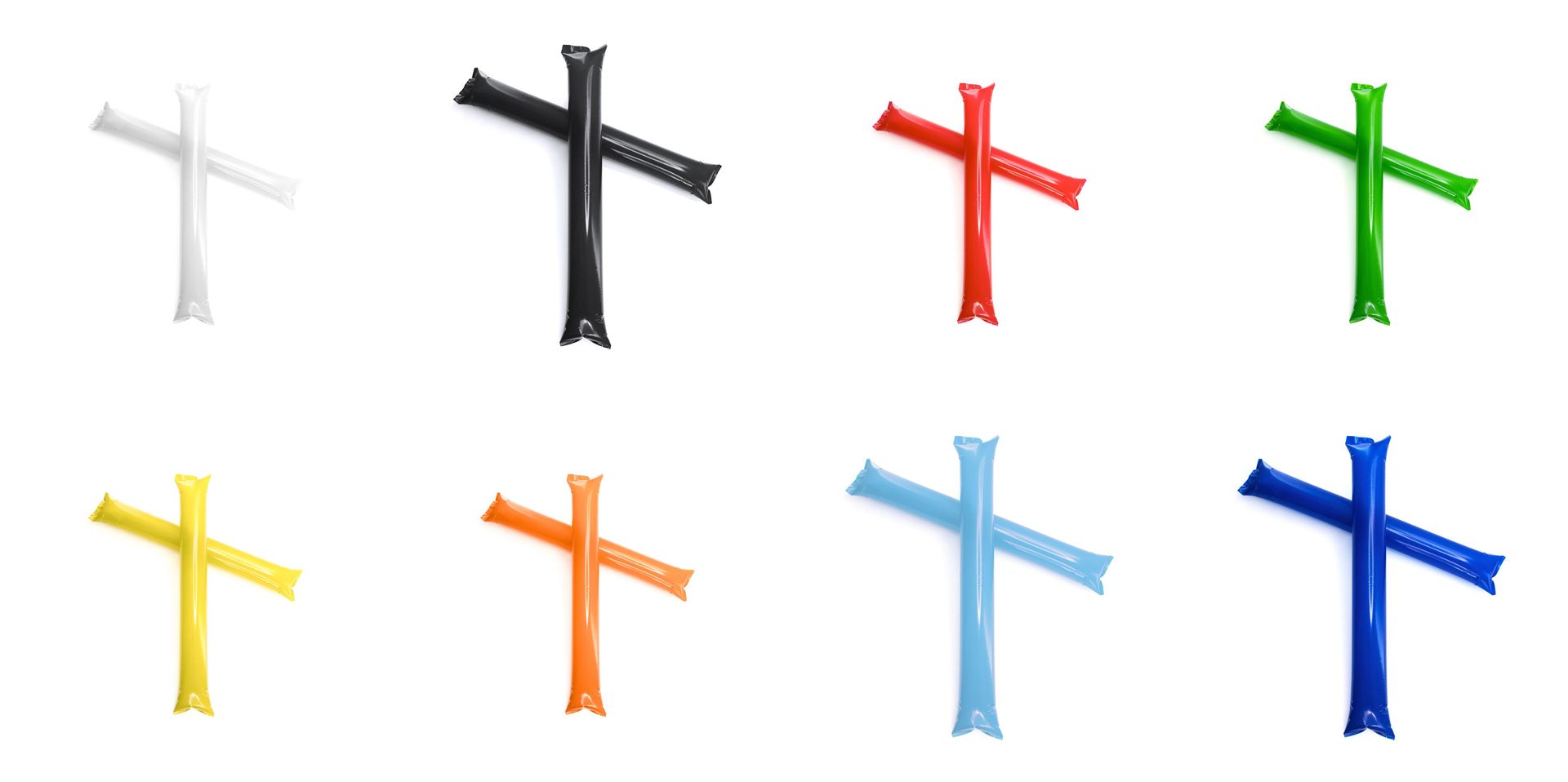 Ocho pares de bastones inflables para animar en color blanco, negro, rojo, verde, amarillo, naranja, azul claro y azul marino.