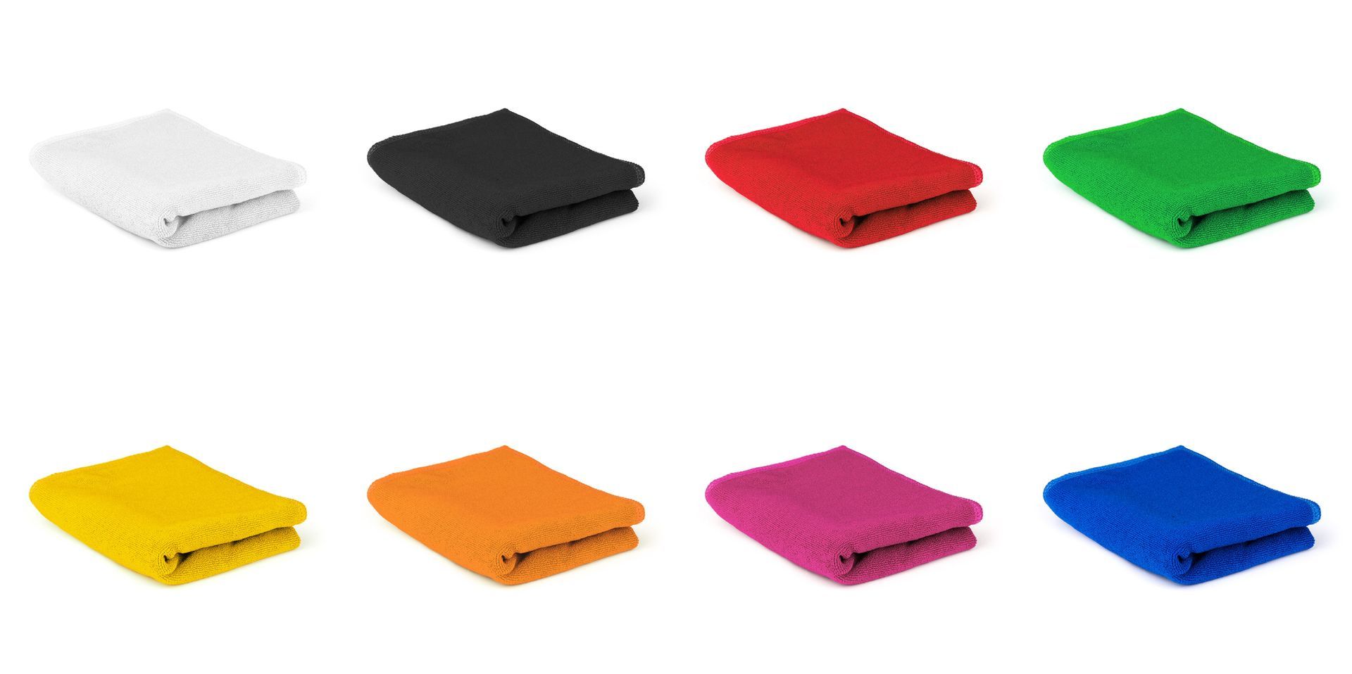 Ocho toallas dobladas dispuestas en cuadrícula, exhibidas en blanco, negro, rojo, verde, amarillo, naranja, rosa y azul.
