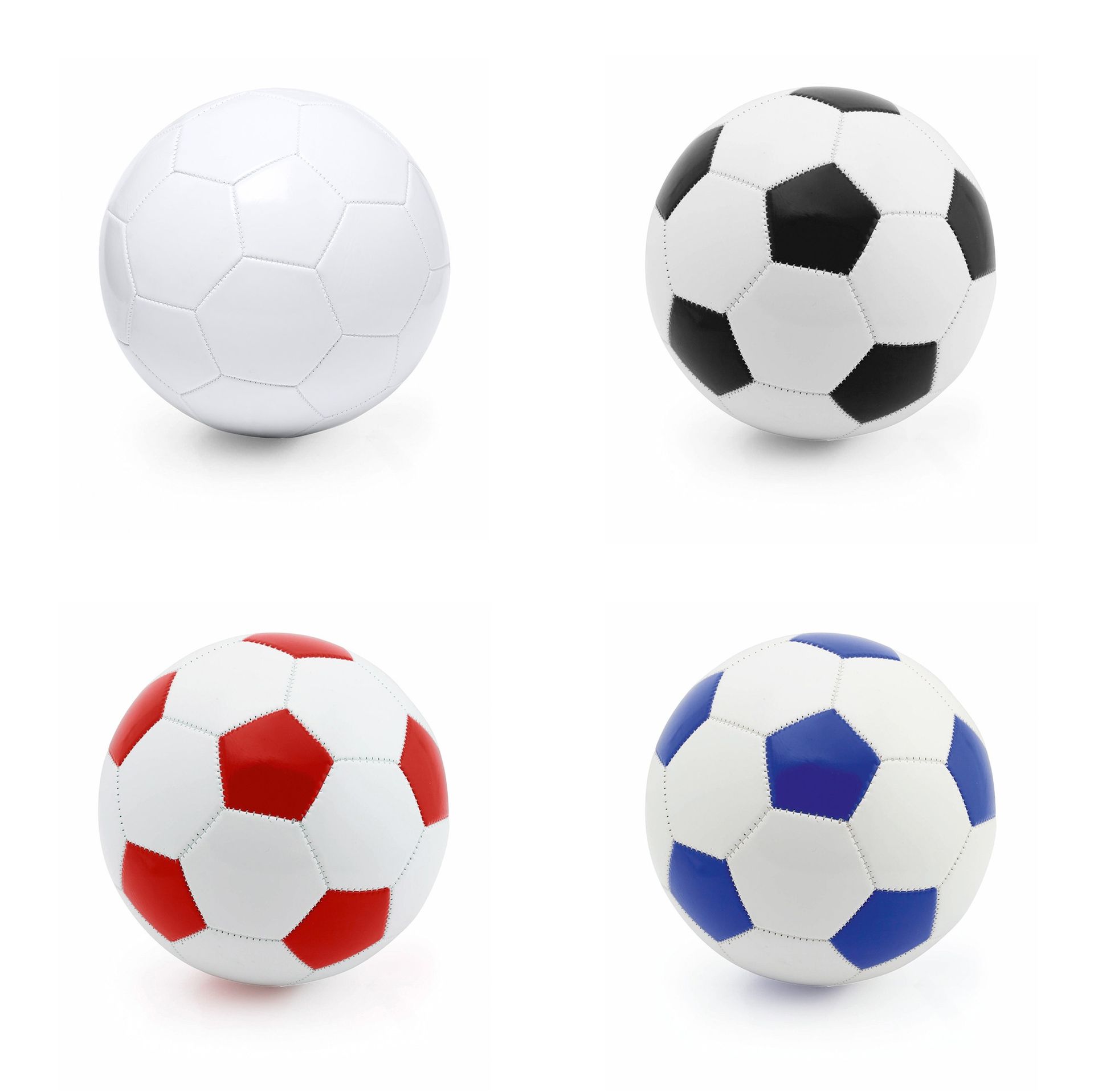 Cuatro balones de fútbol dispuestos en cuadrícula, uno de ellos blanco liso y tres con paneles blancos y de colores.