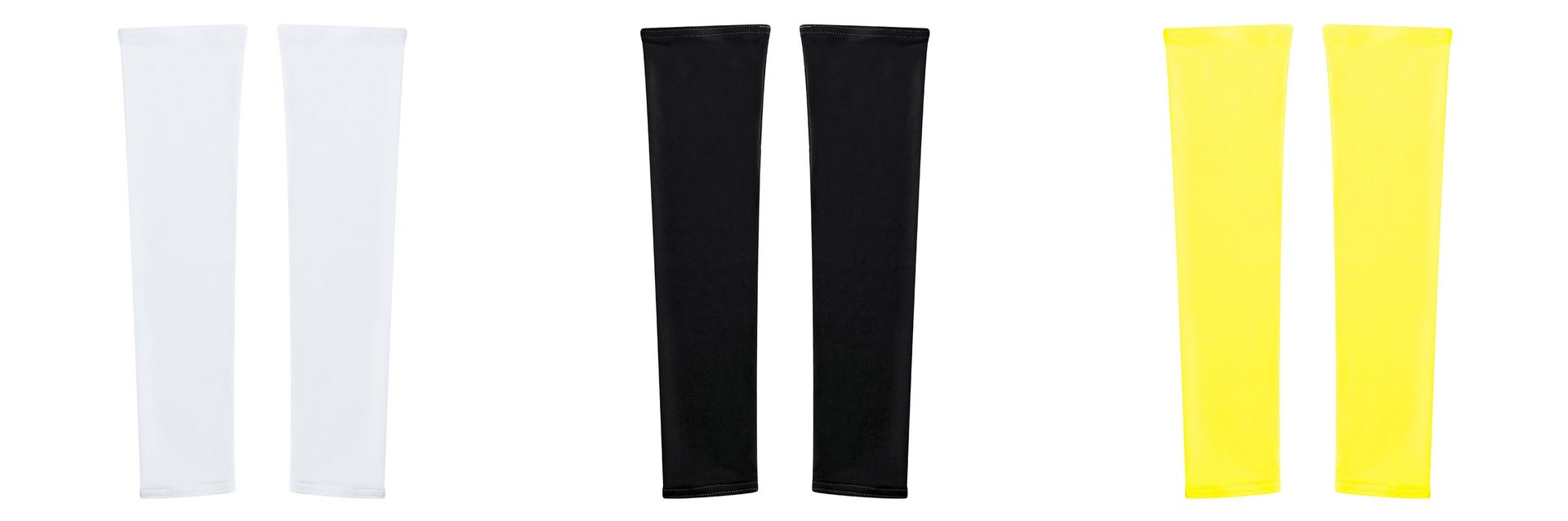 Tres pares de mangas de colores lisos, blanco, negro y amarillo, dispuestas una al lado de la otra sobre un fondo blanco.
