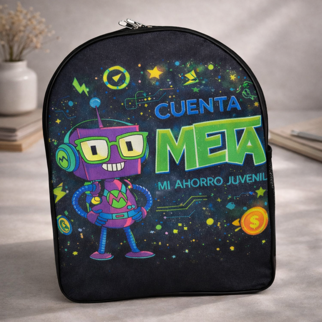 Una mochila negra con un robot morado que lleva gafas verdes y auriculares, con el texto 