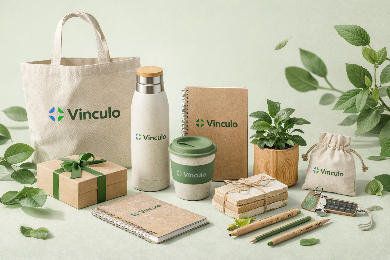 Una colección de artículos corporativos ecológicos con la marca "Vinculo", que incluye una bolsa de tela, una botella y artículos de papelería.