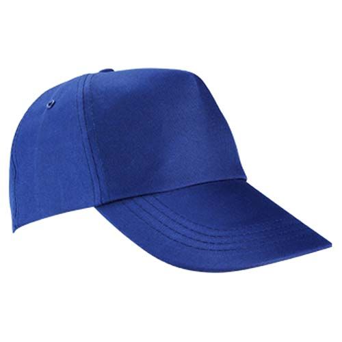 Una gorra de béisbol lisa de cinco paneles de color azul marino sobre un fondo blanco.