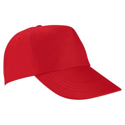 Una gorra de béisbol roja lisa, vista de perfil sobre un fondo blanco.