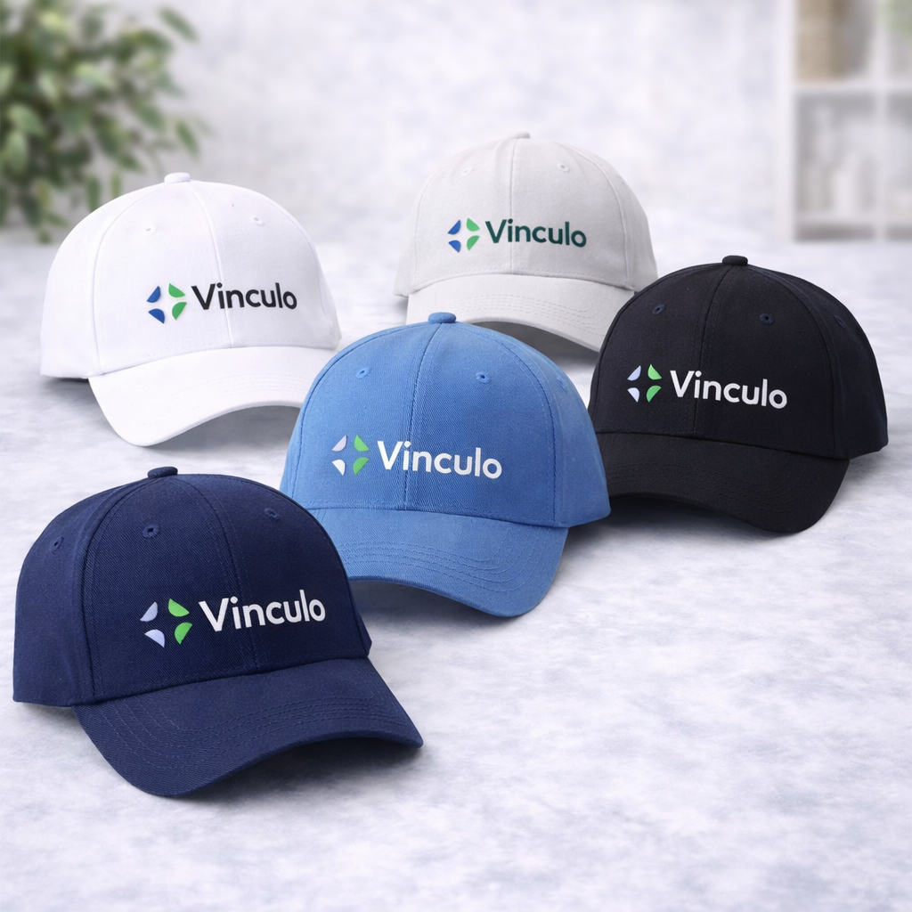 Cinco gorras de béisbol en blanco, gris claro, negro, azul claro y azul marino, todas con el logotipo