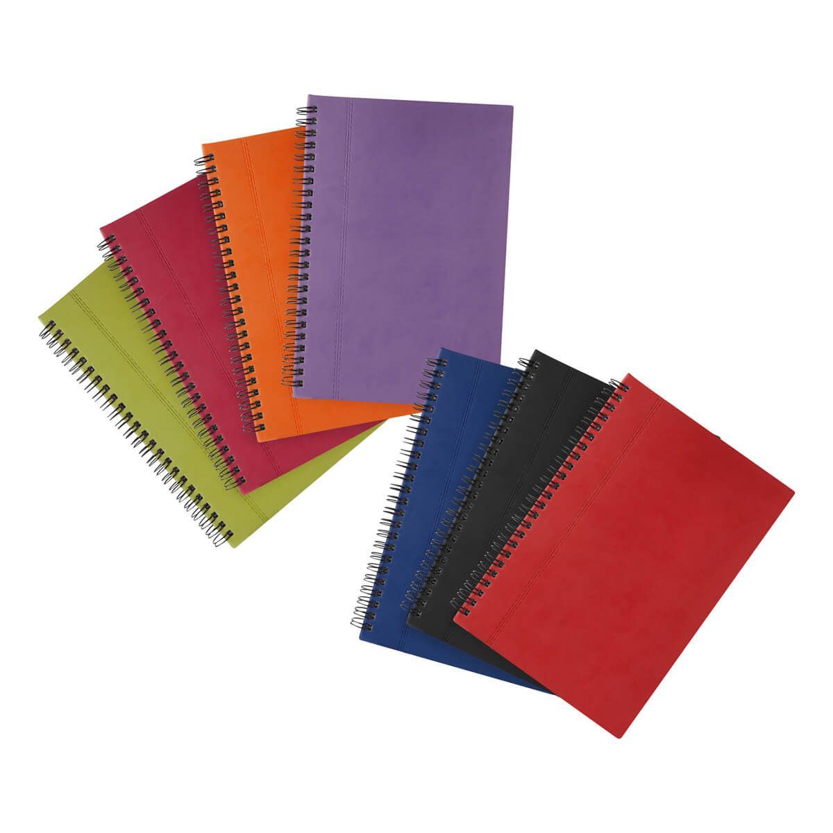 Un grupo de siete cuadernos de espiral de varios colores, entre ellos morado, naranja, rojo, verde, azul y negro.