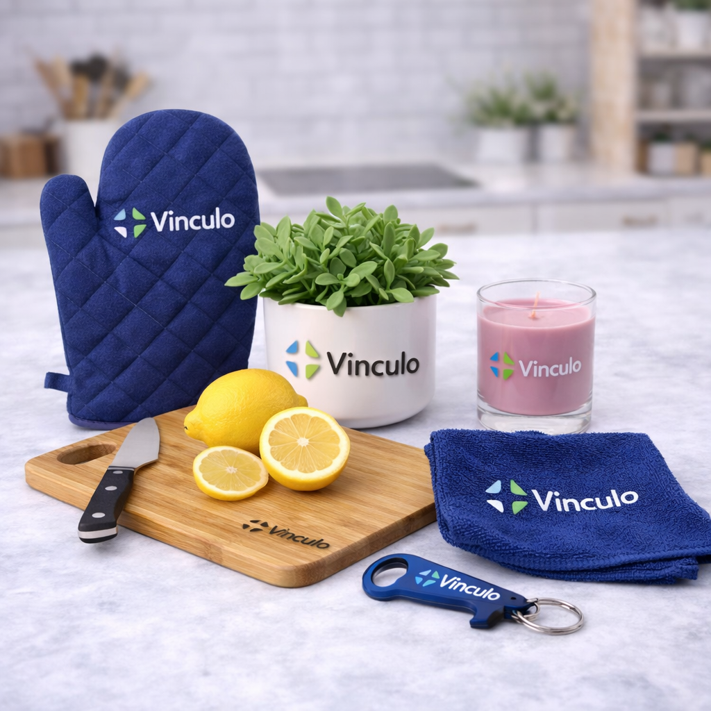 Sobre una encimera, se ven artículos de cocina de marca, como un guante de horno azul, una toalla, un llavero, una tabla de cortar, una maceta y una vela.