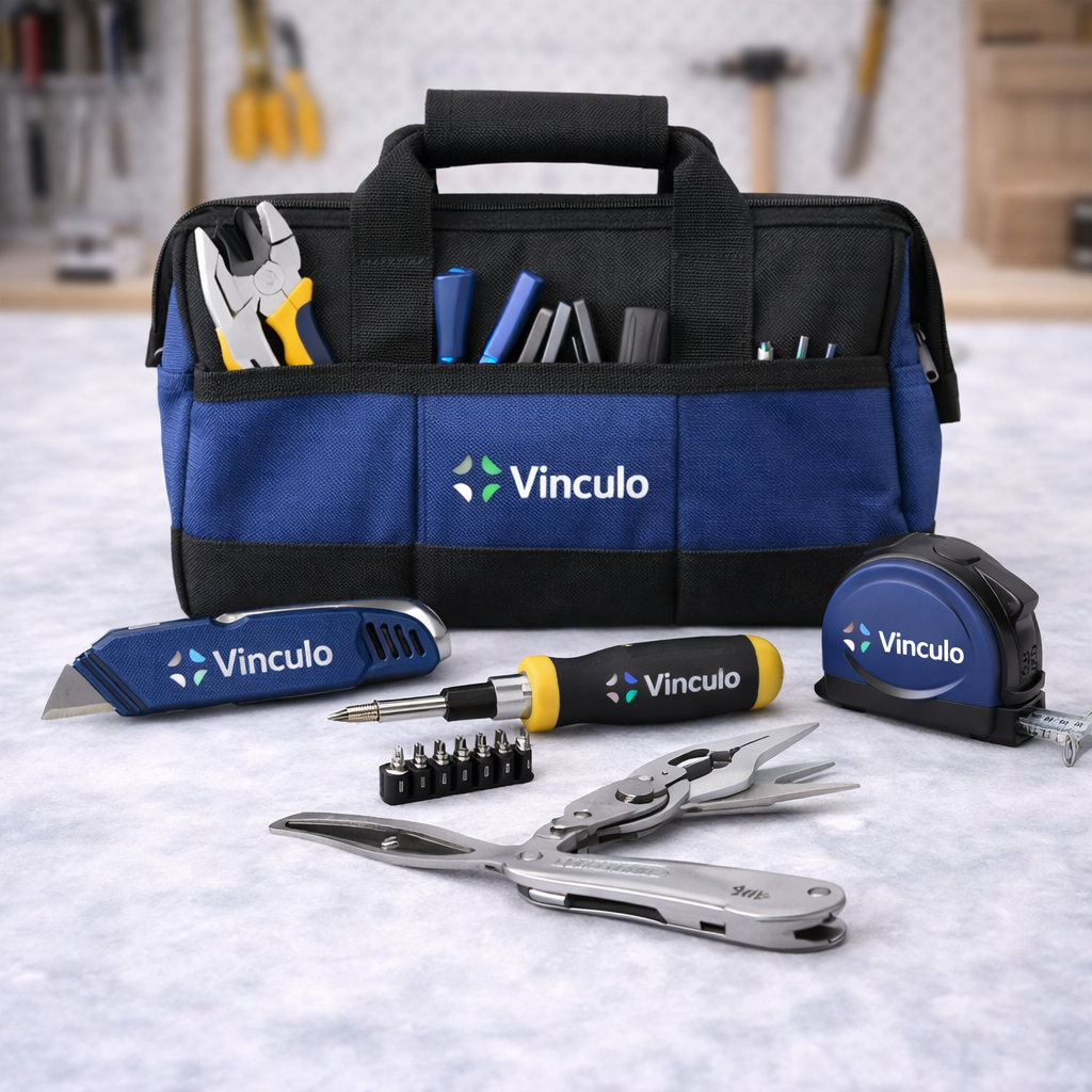 Sobre una mesa, una bolsa de herramientas azul y negra de la marca Vinculo reposa junto a un cúter, un destornillador, una cinta métrica y una multiherramienta.