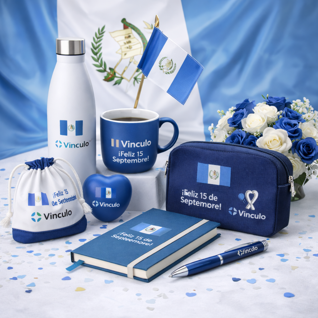 Artículos promocionales con temática guatemalteca que incluyen el logotipo de Vinculo, como una botella de agua, una taza, un cuaderno, un bolígrafo y una bolsa.