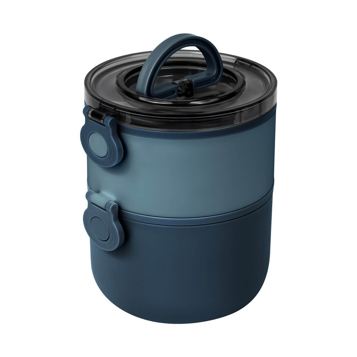 Un recipiente cilíndrico azul de dos niveles para el almuerzo, con tapa transparente con cierre y asa de transporte.