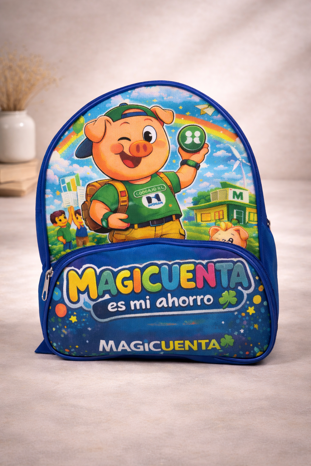 Una mochila azul con una mascota de cerdo de dibujos animados, un arcoíris y el texto 