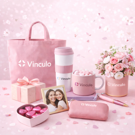 Un set de regalo de color rosa de la marca "Vinculo" que incluye una bolsa de tela, una taza, un vaso, flores, bombones y una foto enmarcada.