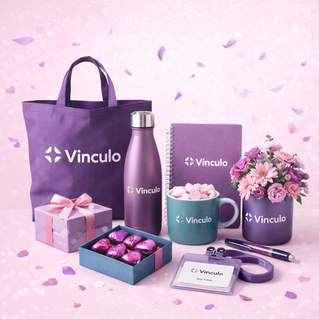 Un set de regalo promocional para Vinculo, que incluye una bolsa de tela morada, una botella, una libreta, una taza, bombones y flores sobre una base rosa.