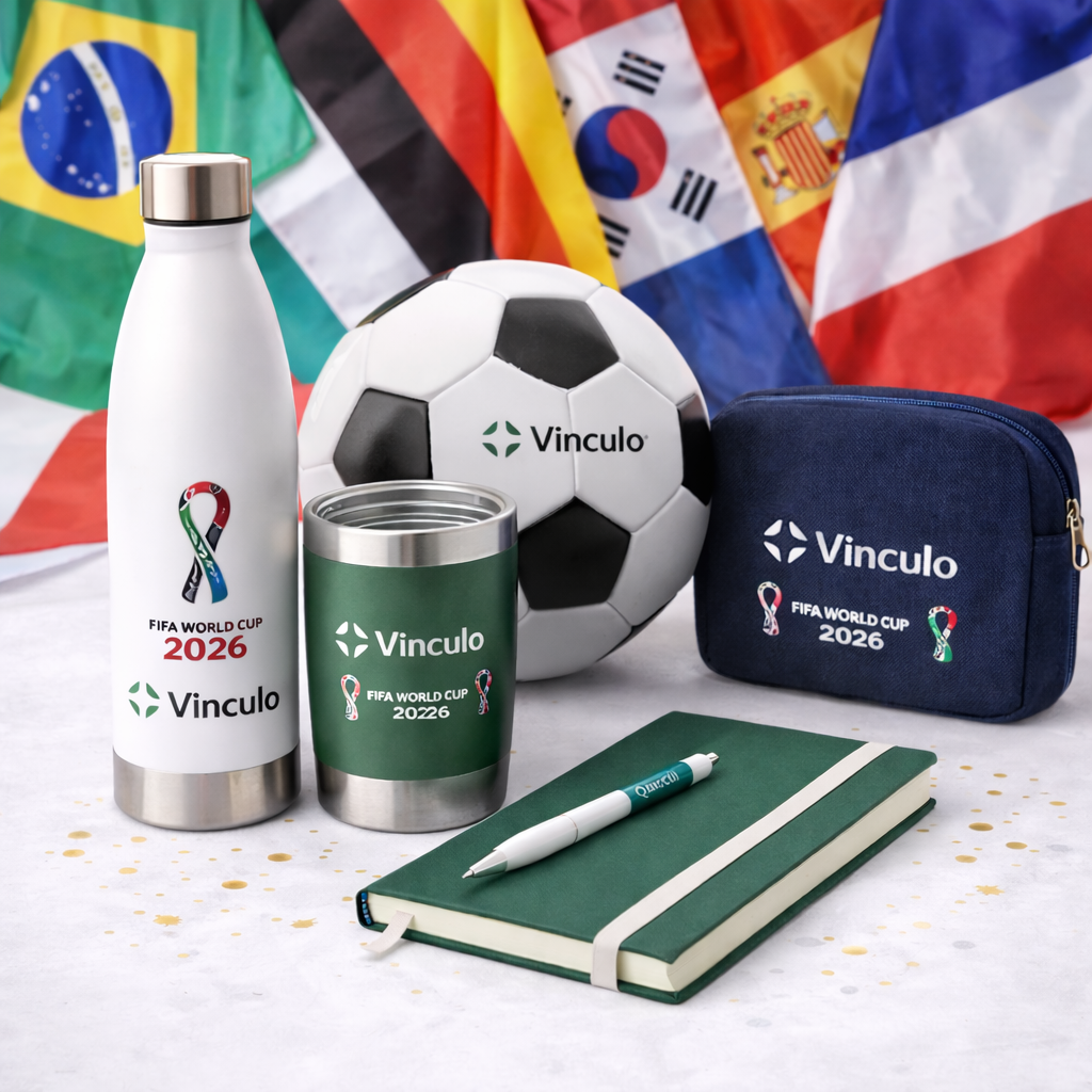 Productos con la temática de la Copa Mundial de la FIFA 2026, que incluyen una botella de agua, un vaso, un balón de fútbol, ​​una bolsa y un cuaderno con banderas de todo el mundo.