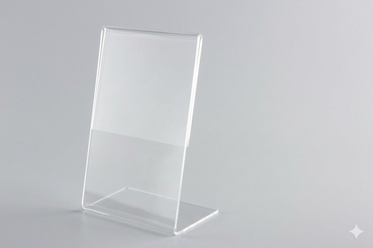 Soporte para carteles vacío, de acrílico transparente y con forma de L, expuesto sobre un fondo blanco liso.