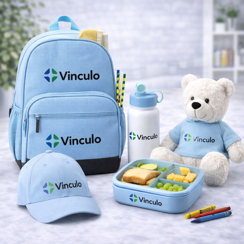 Mochila, gorra, botella de agua y caja de aperitivos de color azul claro, todos con el logotipo de