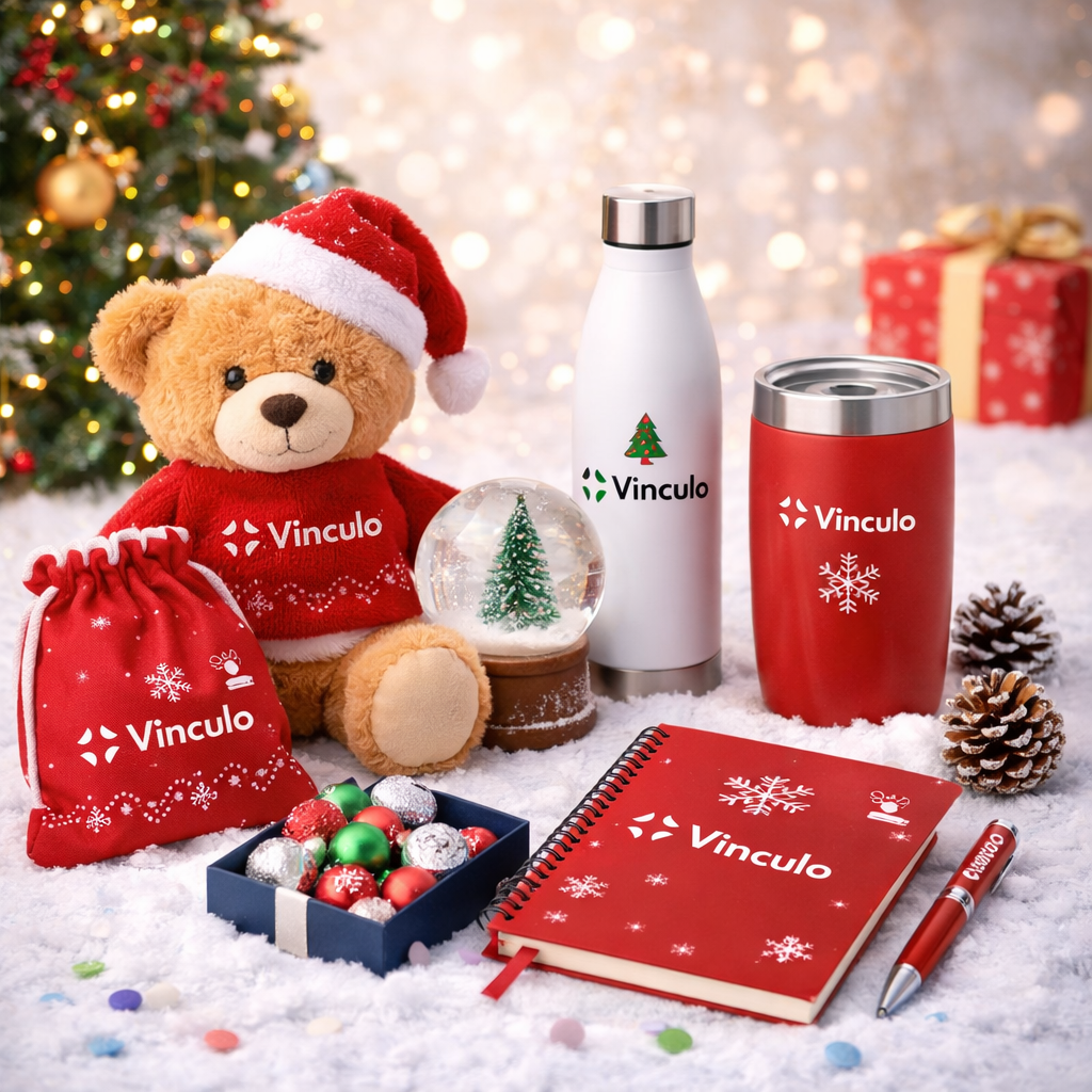 Un set de regalo navideño de la marca Vinculo que incluye un osito de peluche, una botella de agua, un vaso, un cuaderno, un bolígrafo y adornos sobre un suelo nevado.