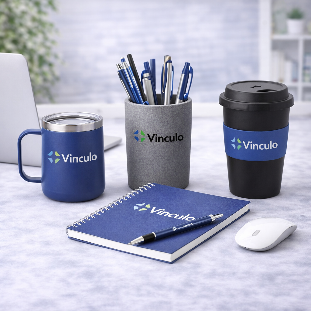 Artículos de oficina con la marca Vinculo, que incluyen una taza azul, un portalápices, un cuaderno y una taza de café negra.