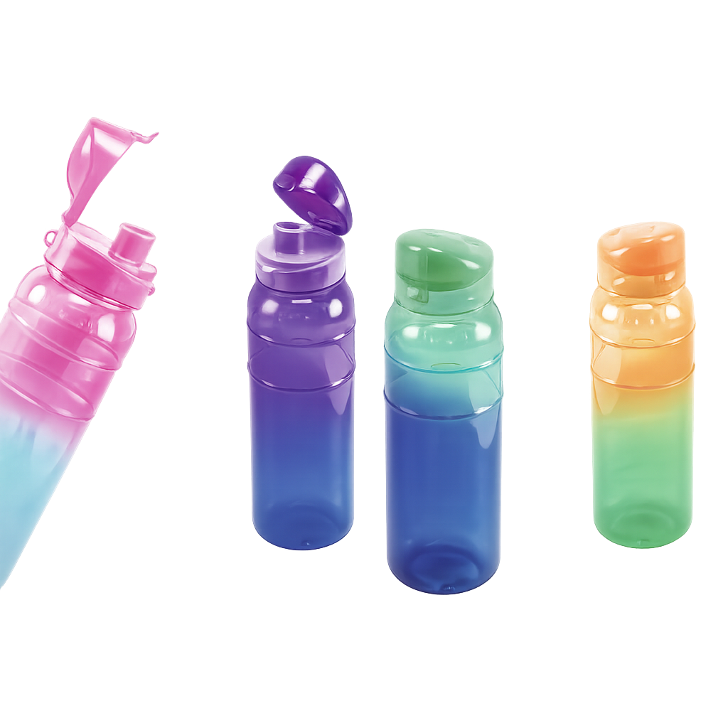 Cuatro botellas de agua con tapa abatible y colores degradados, incluyendo rosa, morado, verde y naranja, sobre un fondo blanco.