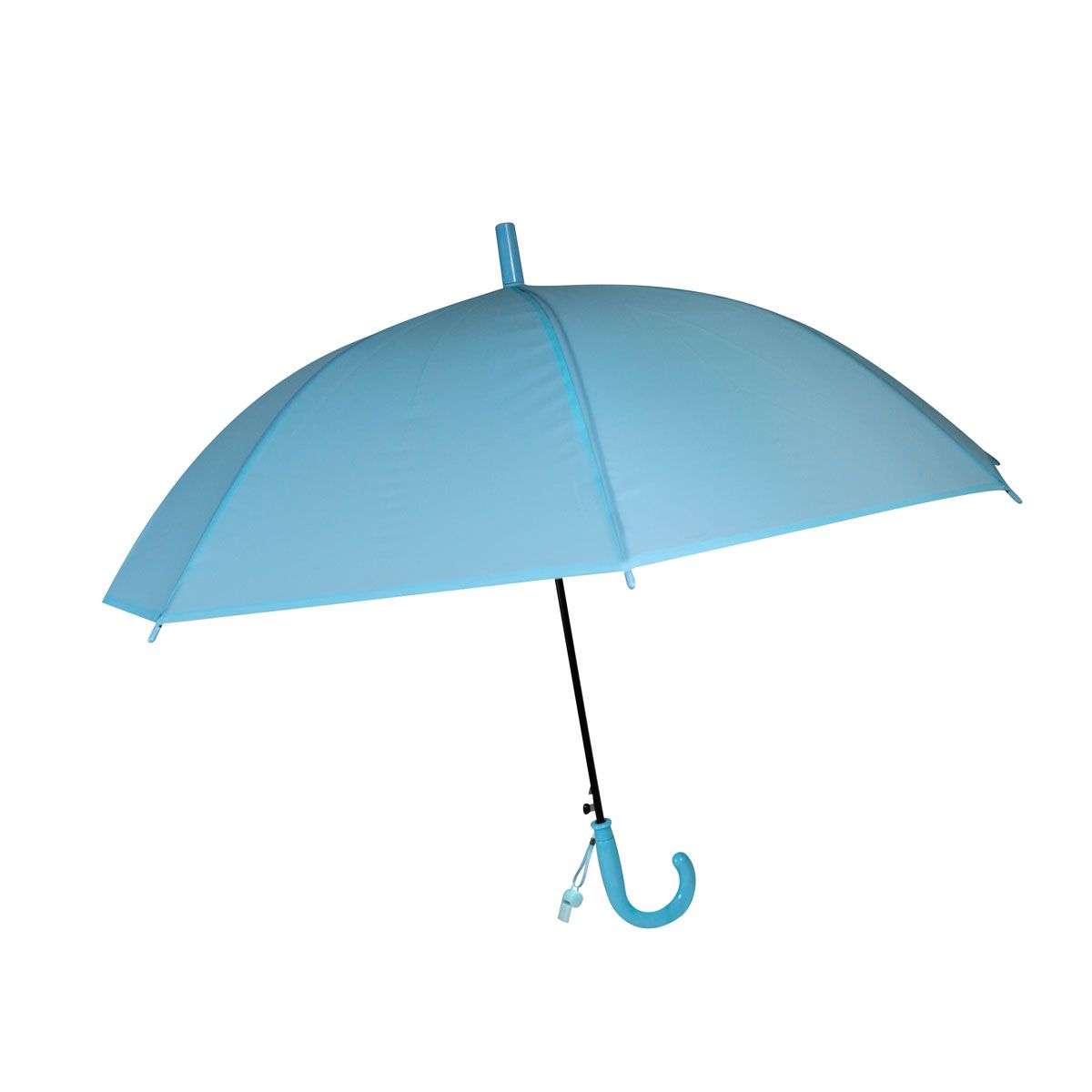 Un paraguas azul claro con mango curvo y mástil negro, sobre un fondo blanco liso.