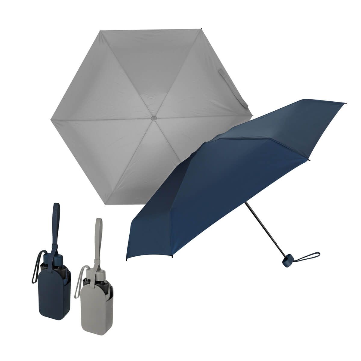 Dos paraguas compactos en azul oscuro y gris, mostrados abiertos y plegados dentro de sus estuches a juego.