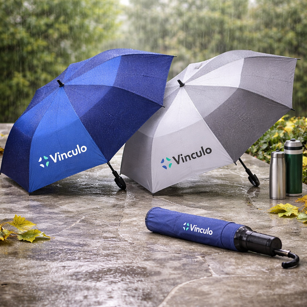 Dos paraguas abiertos (uno azul y otro gris) y un paraguas azul cerrado sobre una superficie de piedra mojada, todos con la marca