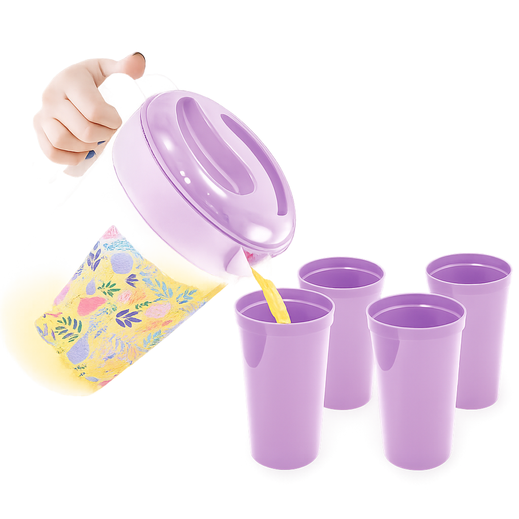 Una mano vierte un líquido amarillo de una jarra estampada en uno de cuatro vasos de plástico color lavanda sobre un fondo blanco.