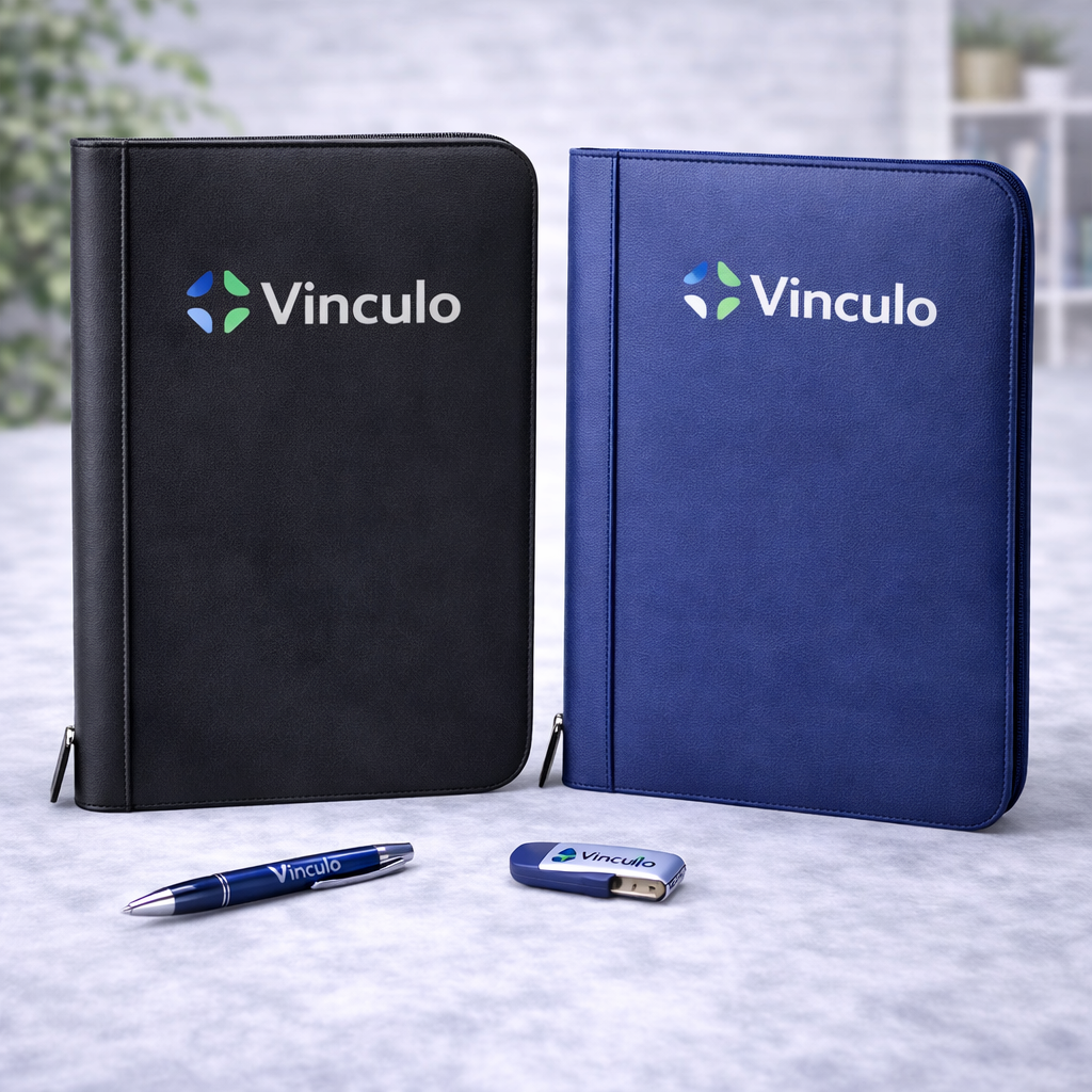 Un cuaderno negro y otro azul, un bolígrafo a juego y una memoria USB, todos con el logotipo de Vinculo, sobre una superficie texturizada.