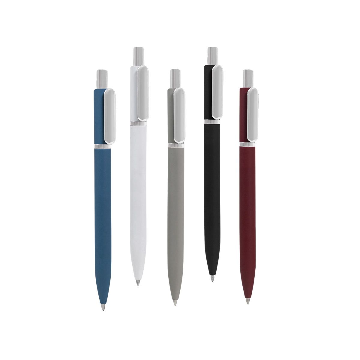 Cinco bolígrafos retráctiles con clips plateados, dispuestos en fila con cuerpos azules, blancos, grises, negros y granates.