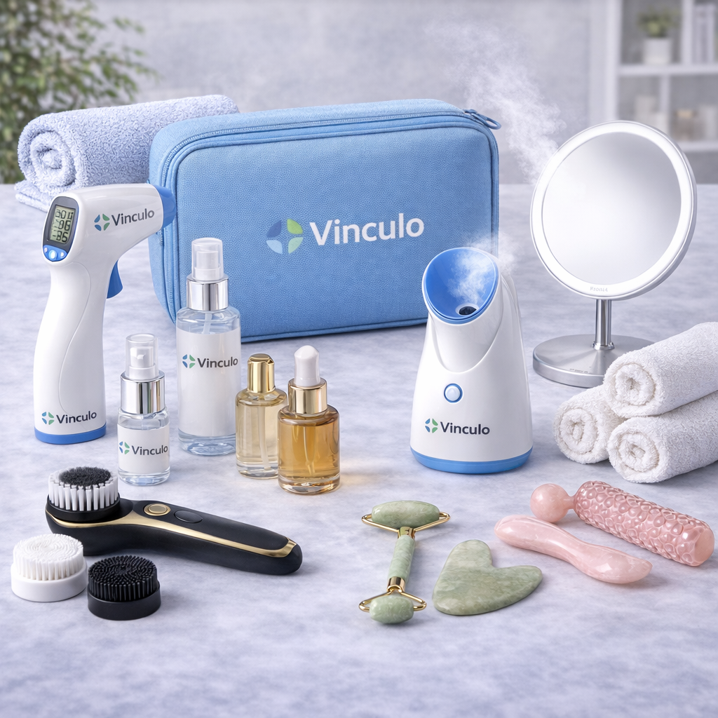 Un kit de cuidado facial Vinculo con vaporizador facial, termómetro, frascos para productos de cuidado de la piel, herramientas, espejo y toallas sobre una superficie gris.