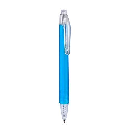 Un bolígrafo retráctil de color azul brillante con clip y punta de plástico transparente.