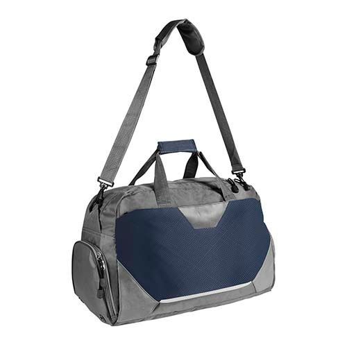 Una bolsa de lona gris y azul marino con asa superior y correa ajustable para el hombro sobre fondo blanco.