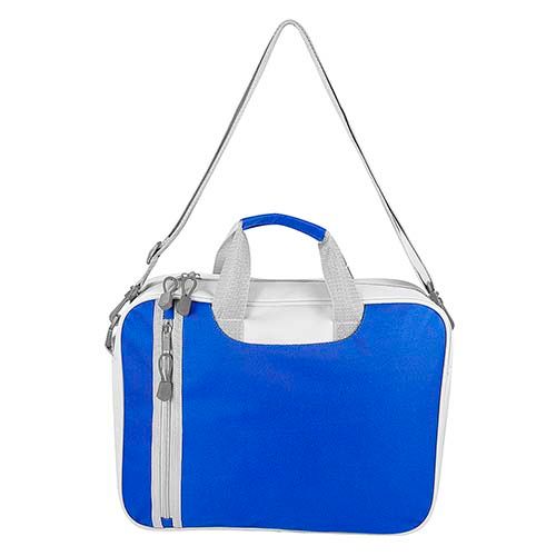 Un bolso para portátil blanco y azul con asas superiores, correa para el hombro y un bolsillo vertical con cremallera en el lado izquierdo.