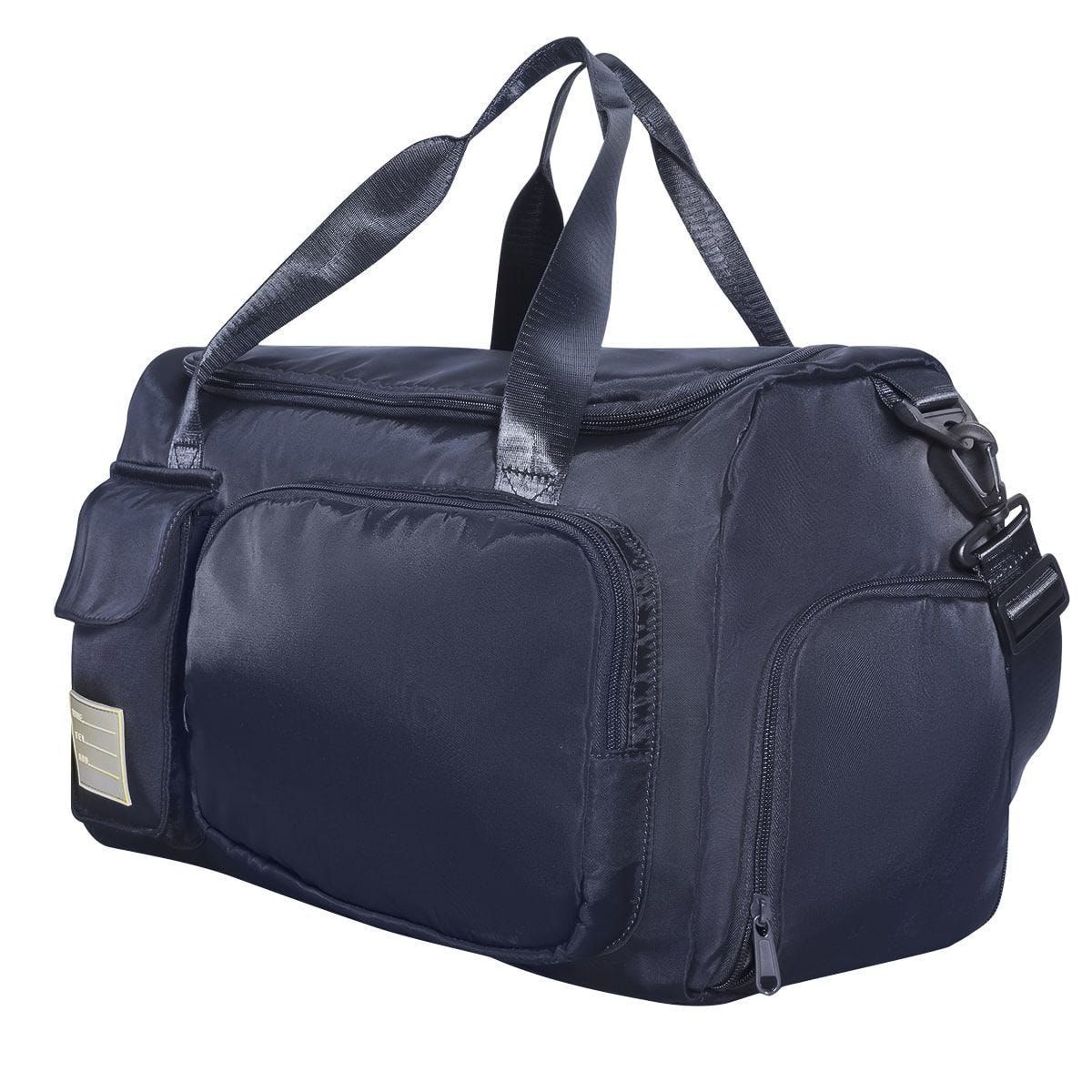 Una bolsa de deporte azul marino con múltiples bolsillos, asas superiores y una correa lateral sobre un fondo blanco.