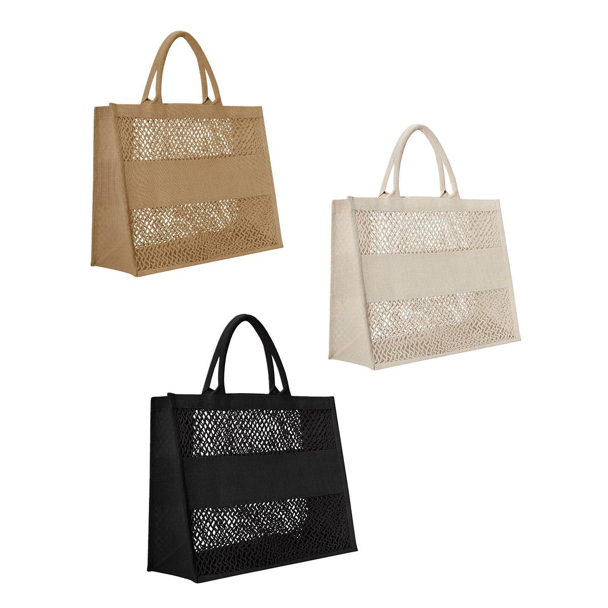 Tres bolsos de mano en color tostado, crema y negro, con paneles tejidos estampados y bandas horizontales lisas.