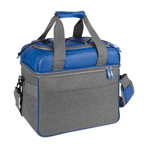Una bolsa térmica aislante de color azul y gris con asa superior y correa ajustable para el hombro.