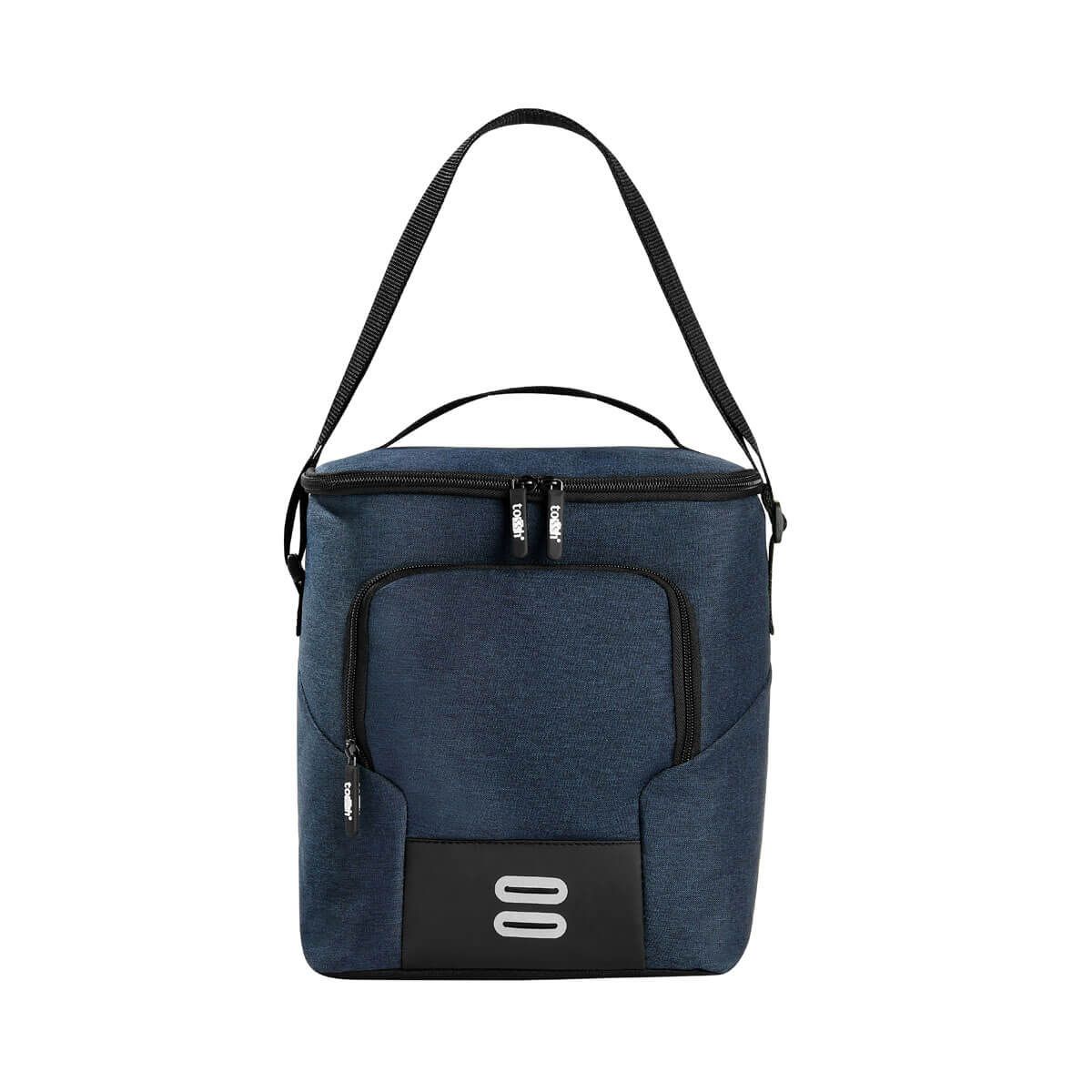 Una bolsa térmica azul para el almuerzo con asa superior, bolsillo frontal con cremallera y detalle en la base de color negro.