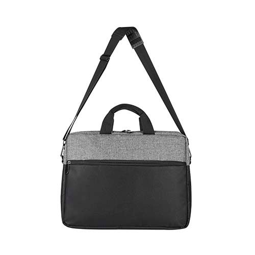 Un bolso para portátil bicolor con la parte superior gris y la inferior negra, que incluye un asa superior y una correa para el hombro.