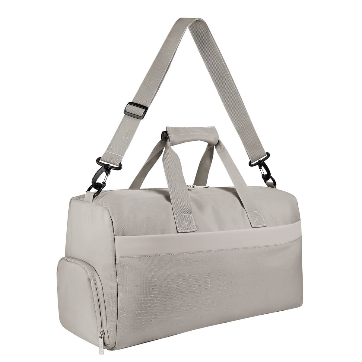 Una bolsa de lona rectangular de color gris claro con dos asas y una correa para el hombro desmontable sobre un fondo blanco.