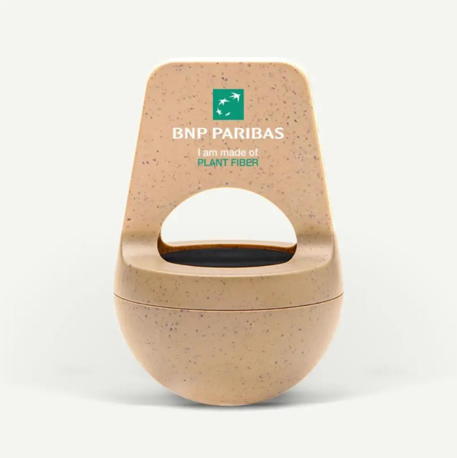 Un contenedor circular de fibra vegetal de color beige moteado con el logotipo de BNP Paribas y el texto 