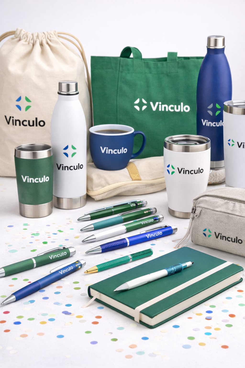 Una colección de artículos promocionales que incluye bolsas, vasos, bolígrafos y una libreta, todos con el logotipo de la marca Vinculo.