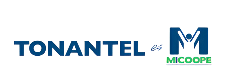 Logotipo de Tonantel, una marca de Micoope, con texto azul oscuro y un icono estilizado de una 